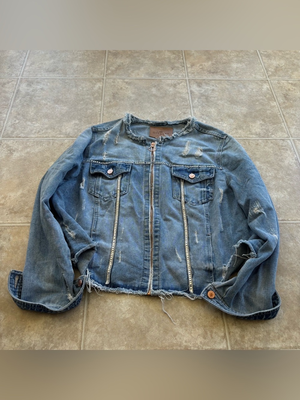 one 5 one Distressed Light Blue Denim Jacket with Zip Accents